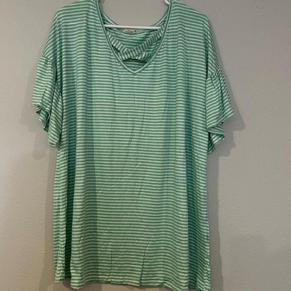 E.Luna plus size 2X women's green and white stripe T-shirt with ruffle sleeves.